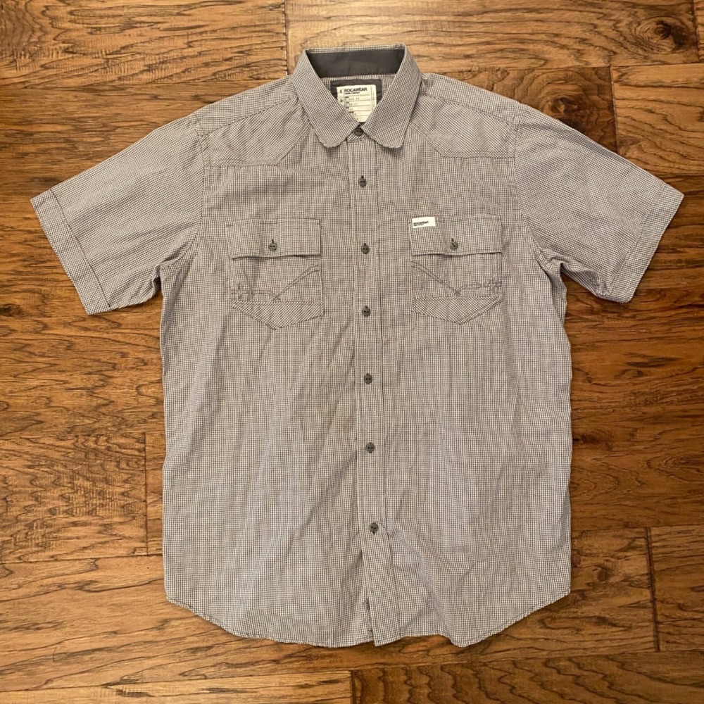 Rocawear Button Down Shirt Mens XL Grey Houndstooth Short Sleeve Western Yoke
